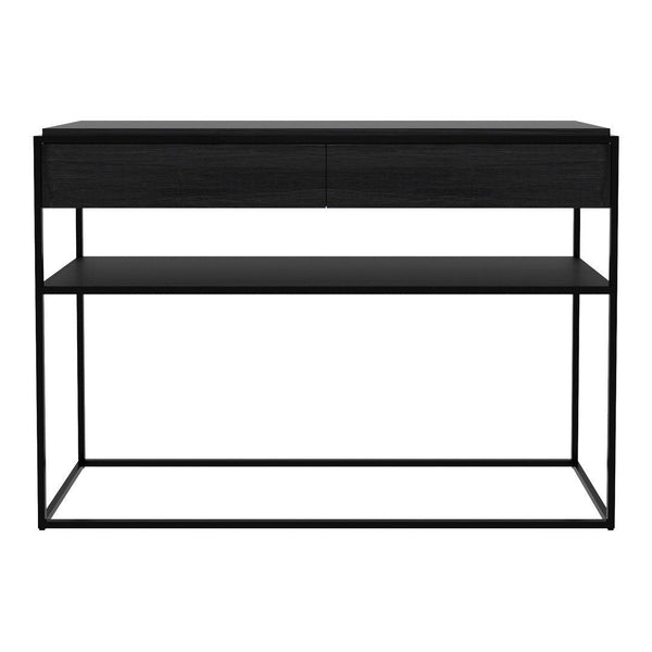 Sleek black console table with a minimalist design featuring smooth surfaces and geometric metal base.