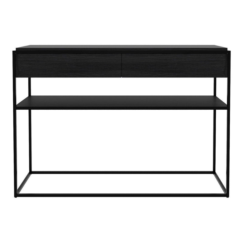 Sleek black console table with a minimalist design featuring smooth surfaces and geometric metal base.
