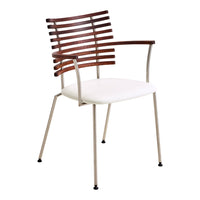 Stylish chair featuring a brown slatted back, white seat cushion, and sleek silver metal legs.