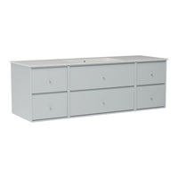Gray storage cabinet with a smooth surface and six drawers, featuring minimalist design and simple metal handles.