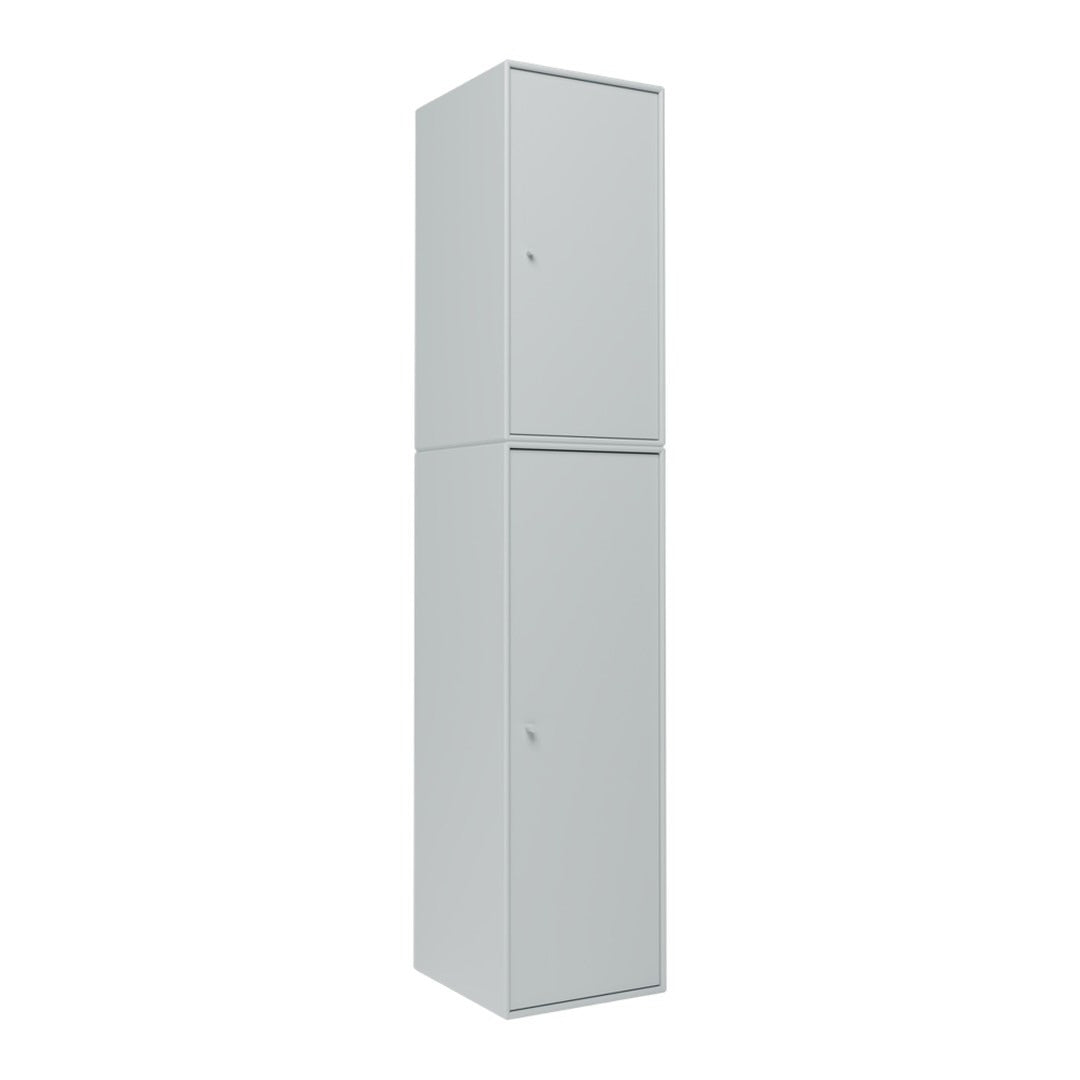 Tall, modern two-door cabinet in a sleek, matte gray finish, featuring a minimalist design with clean lines.