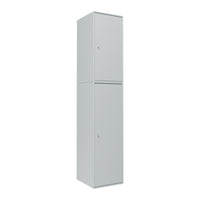Tall, modern two-door cabinet in a sleek, matte gray finish, featuring a minimalist design with clean lines.