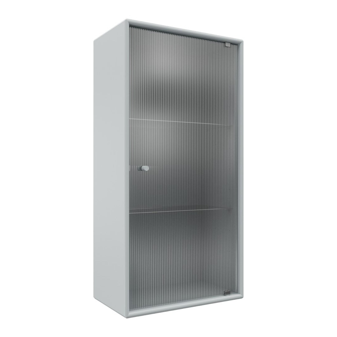 Grey metal cabinet with sleek, textured vertical lines and a minimalist design featuring a single door.