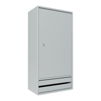 Sleek gray wardrobe with smooth finish and minimalist design, featuring a single door and a bottom drawer.