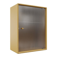 Yellow cabinet with a sleek, ridged silver door, offering a modern and stylish storage solution.