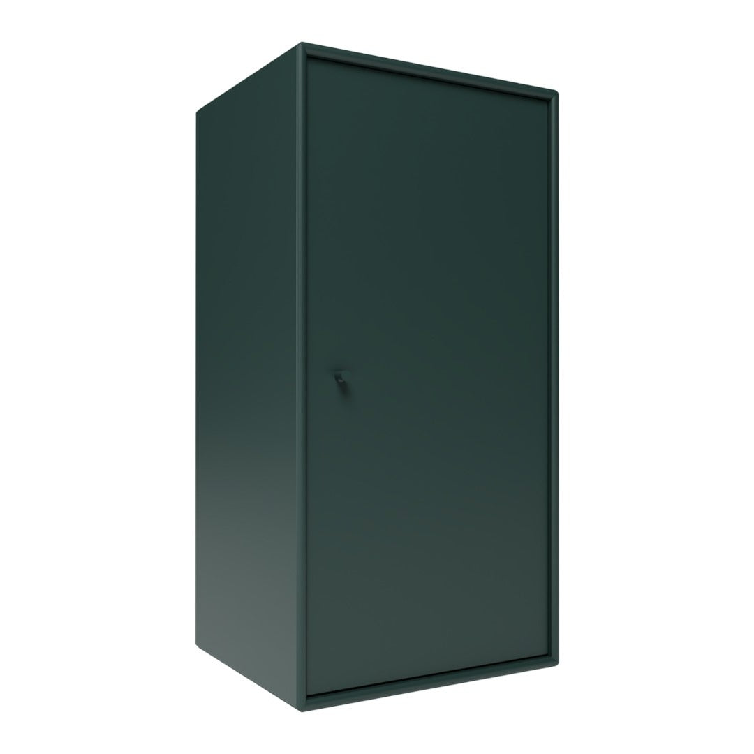 Sleek dark green metal storage cabinet with a smooth, solid surface and minimalist design. Ideal for modern spaces.