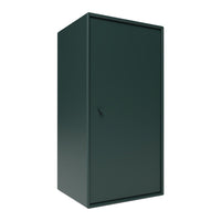 Sleek dark green metal storage cabinet with a smooth, solid surface and minimalist design. Ideal for modern spaces.