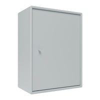 Gray storage cabinet with a smooth surface and minimalist design, perfect for modern spaces.