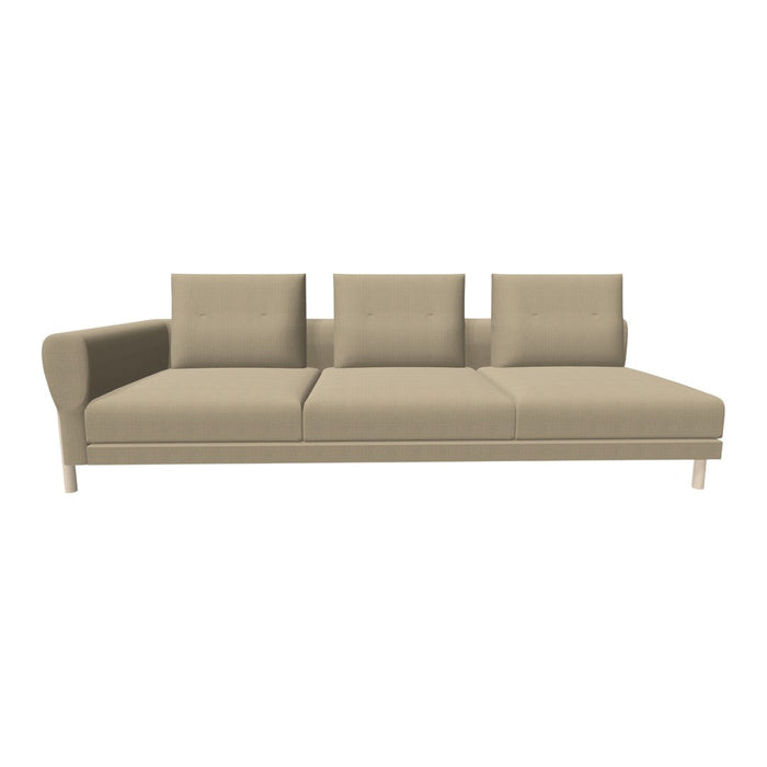 Beige fabric sofa with three cushions and a minimalist design, featuring a smooth texture and light wooden legs.