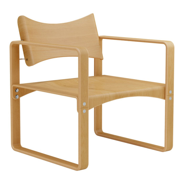 Light natural wood chair with a sleek design, featuring smooth lines and an open-frame structure.