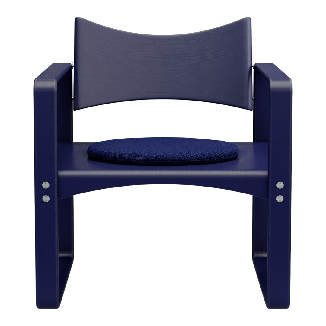 Navy blue wooden chair with a matching cushioned seat and simple, modern design. Perfect for stylish seating.