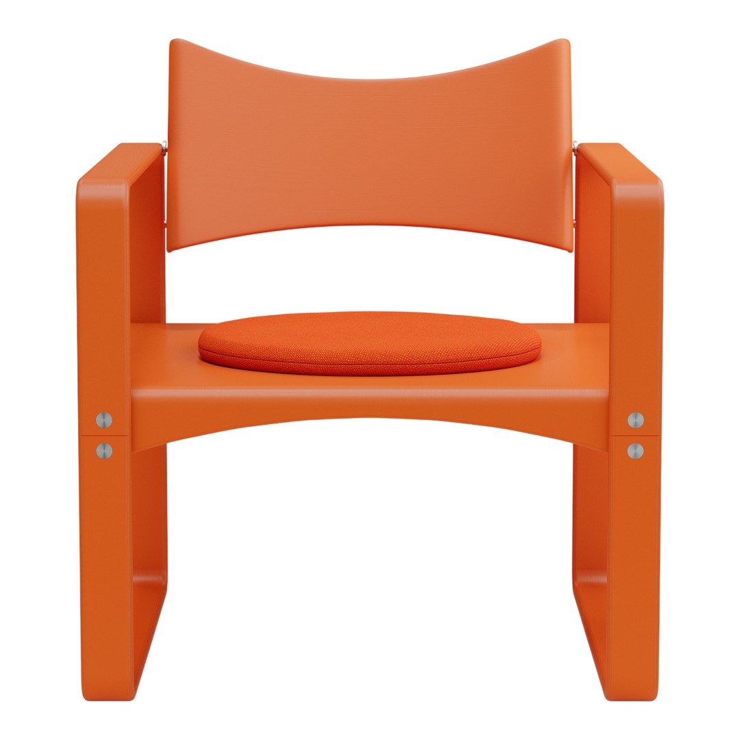 Vibrant orange chair with a minimalist design and a round cushion for added comfort. Perfect for modern spaces.