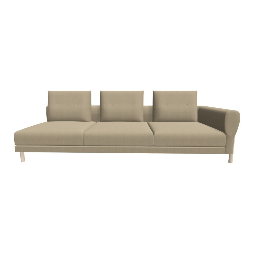 Beige fabric sofa with smooth upholstery and three back cushions, featuring minimalist design and natural wood legs.