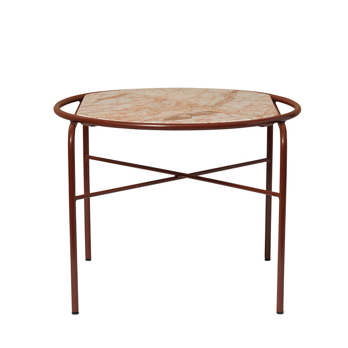 Round tabletop with a marbled beige pattern and rust-colored metal frame, perfect for modern decor.