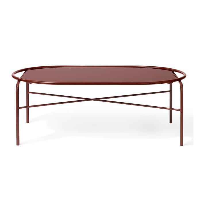 Modern oval coffee table in a sleek, rust-colored finish with minimalistic metal frame design. Perfect for any decor.