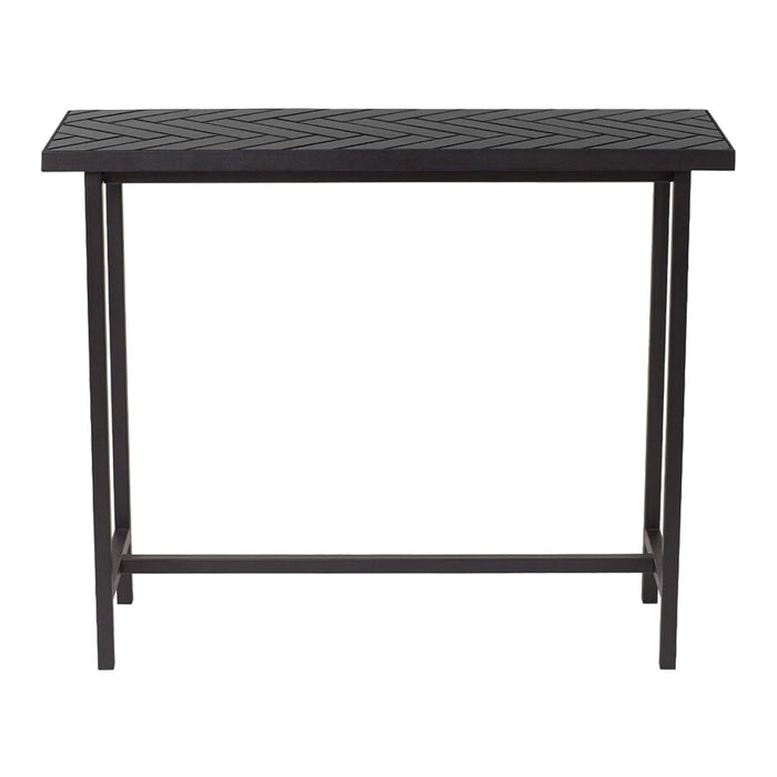 Black console table with a textured diamond pattern on the top and sleek black metal legs. Perfect for modern decor.