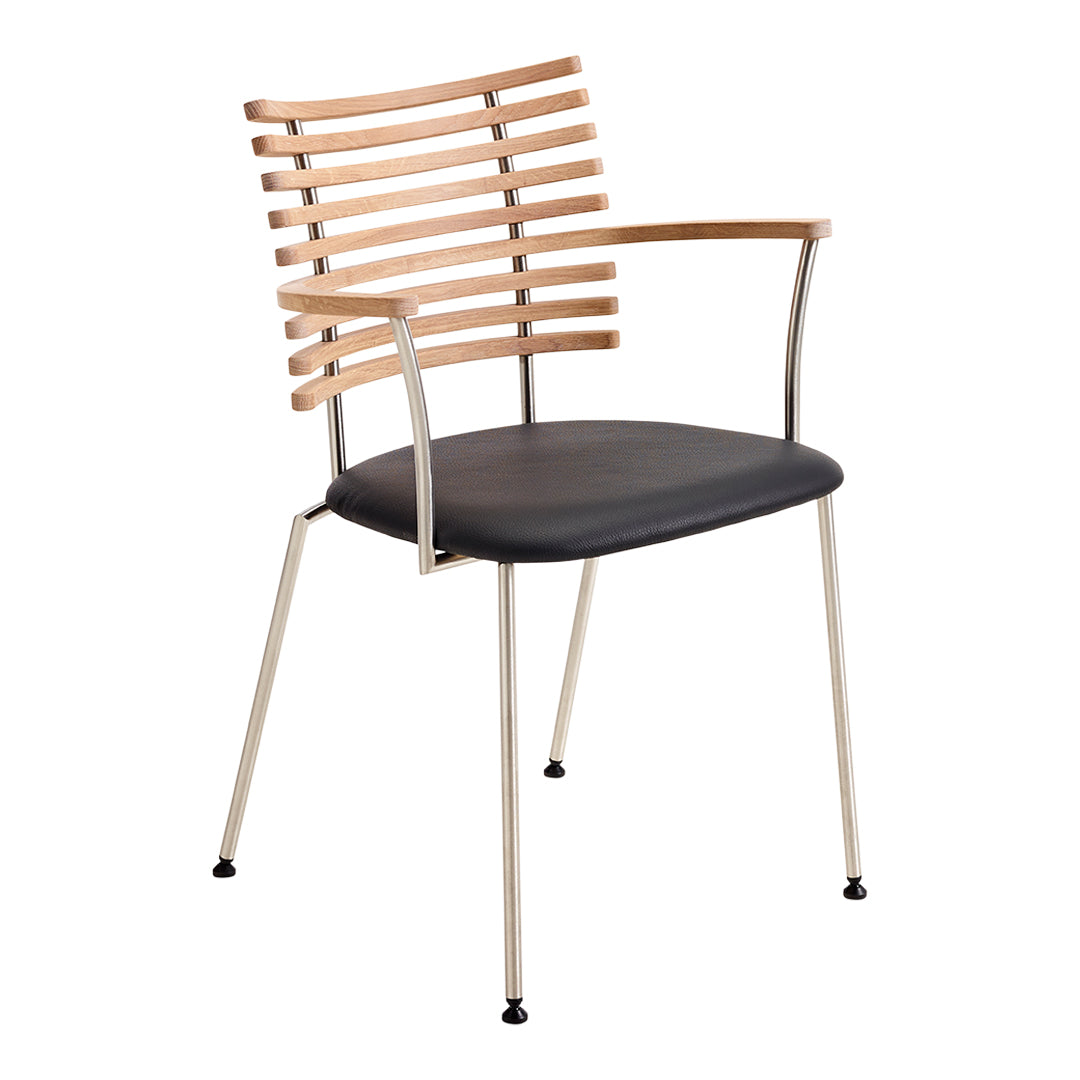 Modern chair with a striped wood backrest and sleek black cushion, featuring metallic silver legs for a stylish contrast.