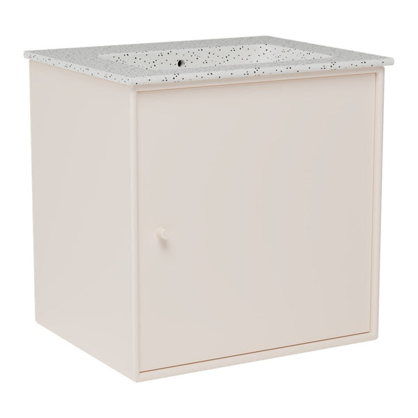 Light beige cabinet with a speckled white top, featuring a simple design and smooth finish. Perfect for any decor.