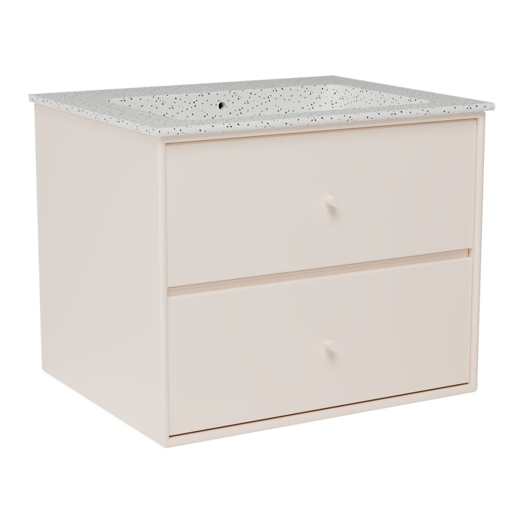 Cream-colored bathroom vanity with a speckled white countertop and minimalistic drawer design.