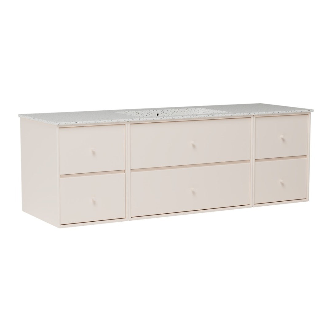 Light beige storage cabinet with a smooth gray countertop and six minimalistic drawers.