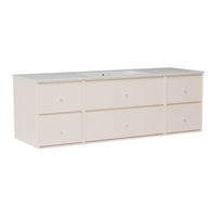 Light beige storage cabinet with a smooth gray countertop and six minimalistic drawers.