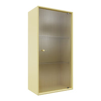 Yellow cabinet with ribbed glass doors and sleek design, featuring two shelves and a minimalist aesthetic.