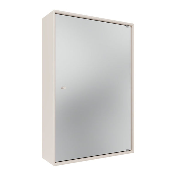 Sleek white cabinet with a reflective silver mirror finish. Minimalist design for contemporary decor.