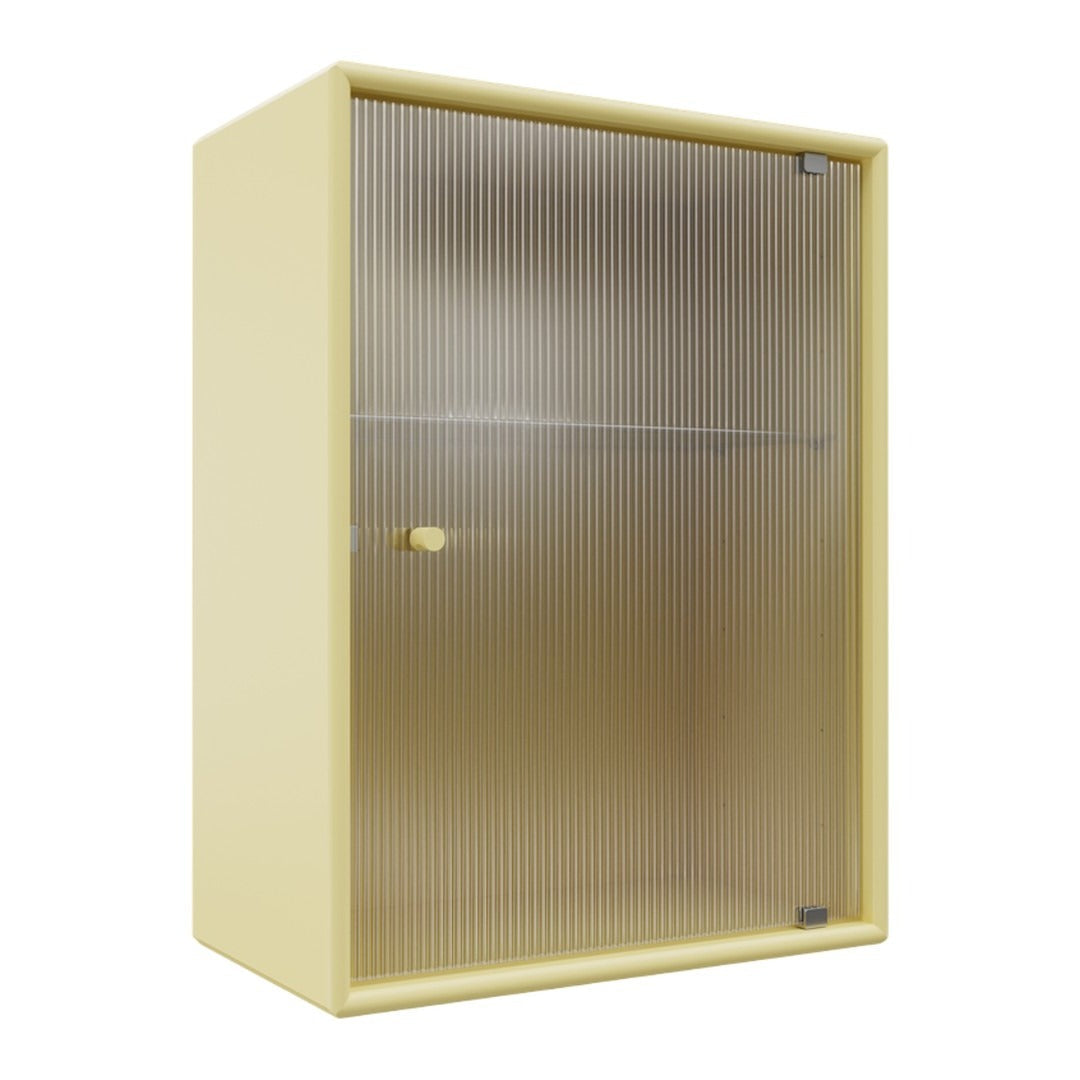 Yellow cabinet with a textured, ribbed glass door and a simple, sleek design, perfect for modern decor.