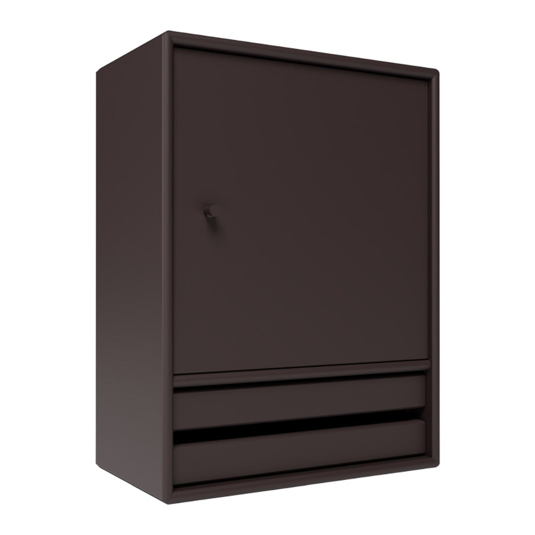 Solid dark brown wall cabinet with a smooth finish and minimalist design, featuring a single door and two drawers.