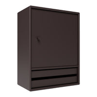 Solid dark brown wall cabinet with a smooth finish and minimalist design, featuring a single door and two drawers.
