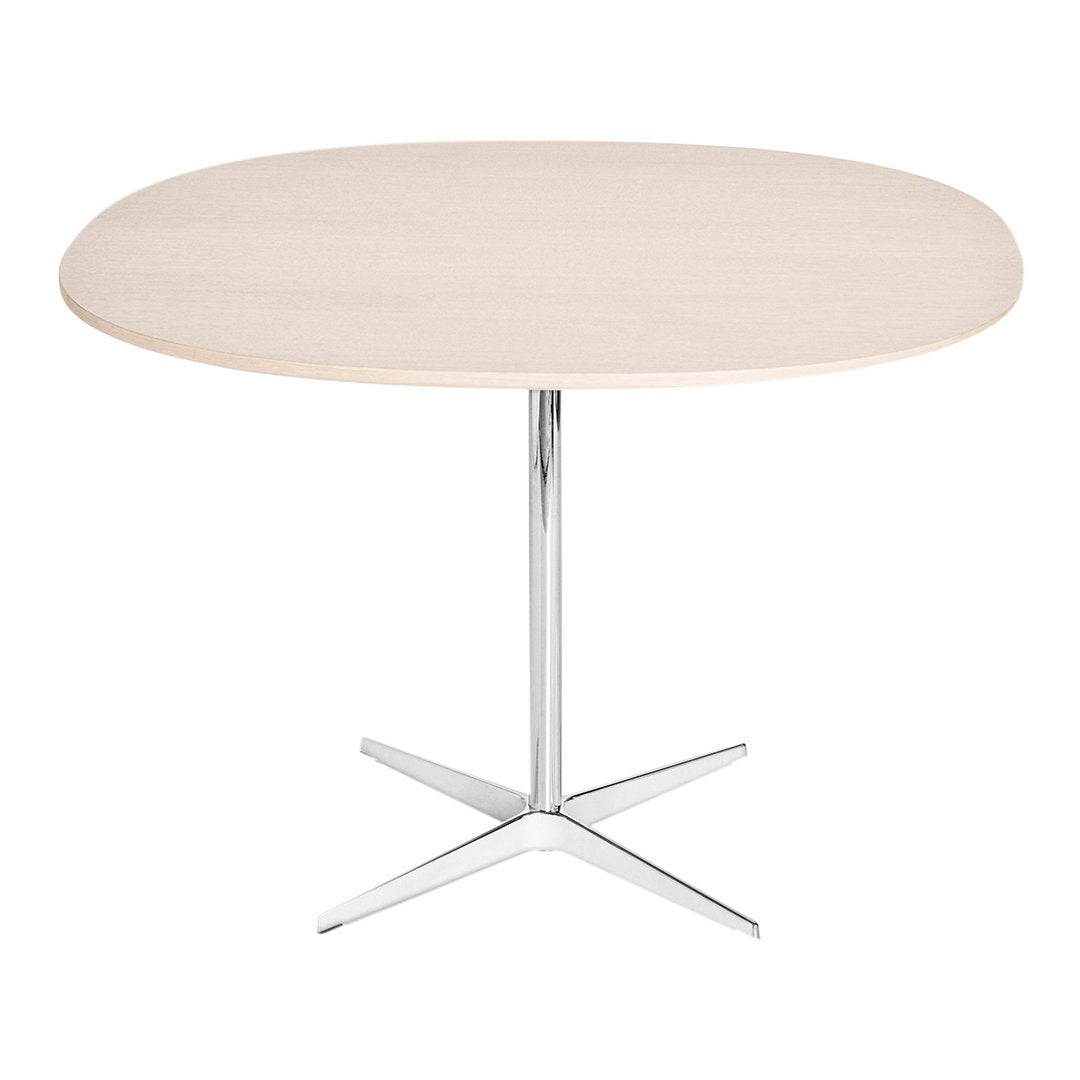 Light wood round tabletop with a sleek chrome base, perfect for modern decor. Simple and elegant design.