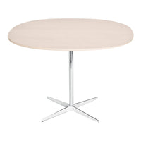 Light wood round tabletop with a sleek chrome base, perfect for modern decor. Simple and elegant design.
