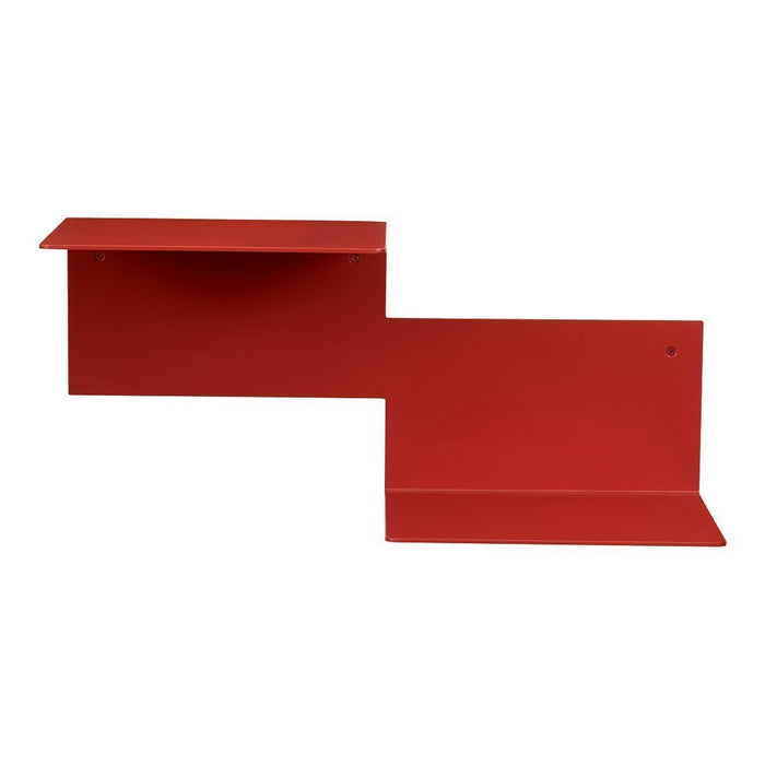 Red geometric wall shelf with a sleek design and smooth finish. Perfect for modern decor.