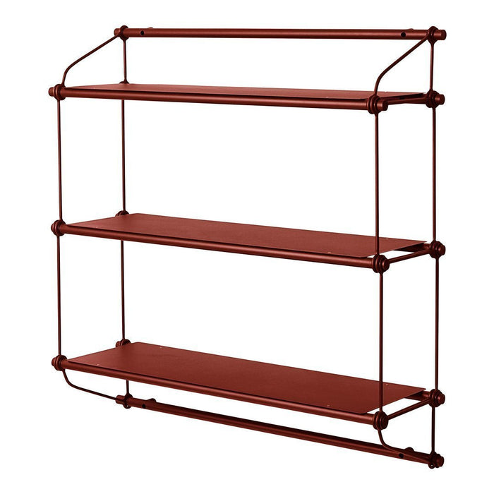 Rust-colored shelving unit with minimalistic design and smooth, solid shelves. Perfect for modern home decor.