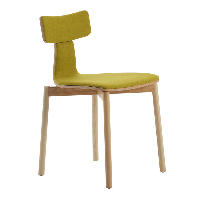 Green upholstered chair with a minimalist design, featuring a solid wood base and clean lines. Ideal for modern decor.