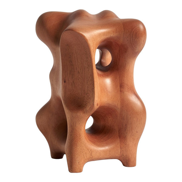 Unique wooden sculpture in rich reddish-brown color with organic, abstract shapes and smooth, polished finish.