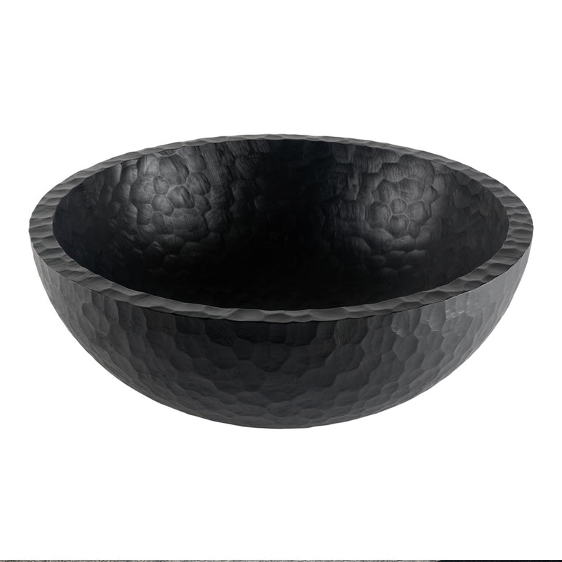 Black hammered bowl with textured surface and rounded shape, perfect for adding a modern touch to any decor.