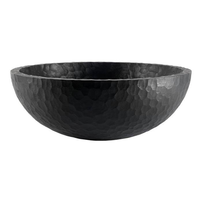 Hammered black metal bowl with a textured surface and smooth inside finish. Ideal for modern decor.