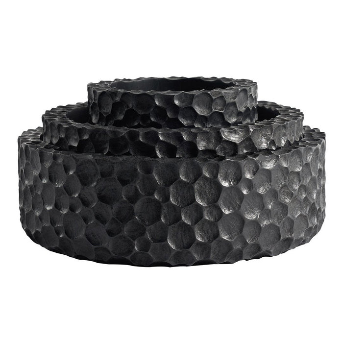 "Set of three textured black honeycomb-pattern bowls stacked together, showcasing a sleek and modern design."