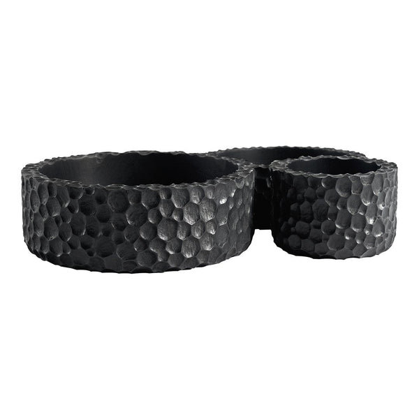 Black textured bowl set featuring a unique honeycomb pattern, perfect for contemporary decor.