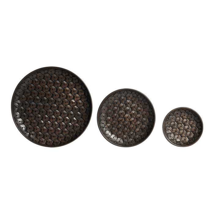 Set of three round trays featuring a textured black finish with intricate circular patterns.