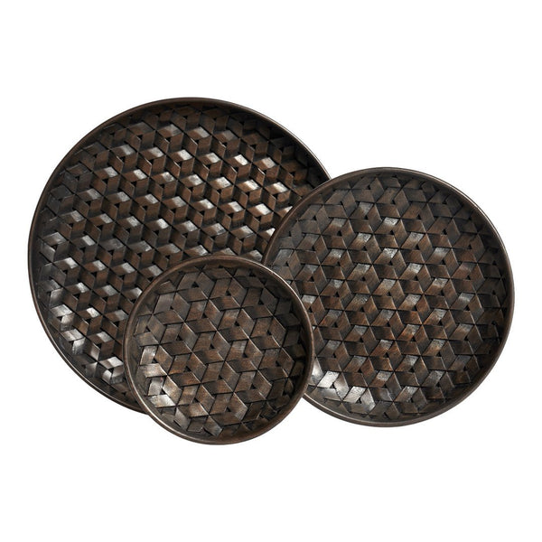 Set of three decorative bowls with a rich dark brown color and intricate hexagonal patterns. Perfect for home decor.