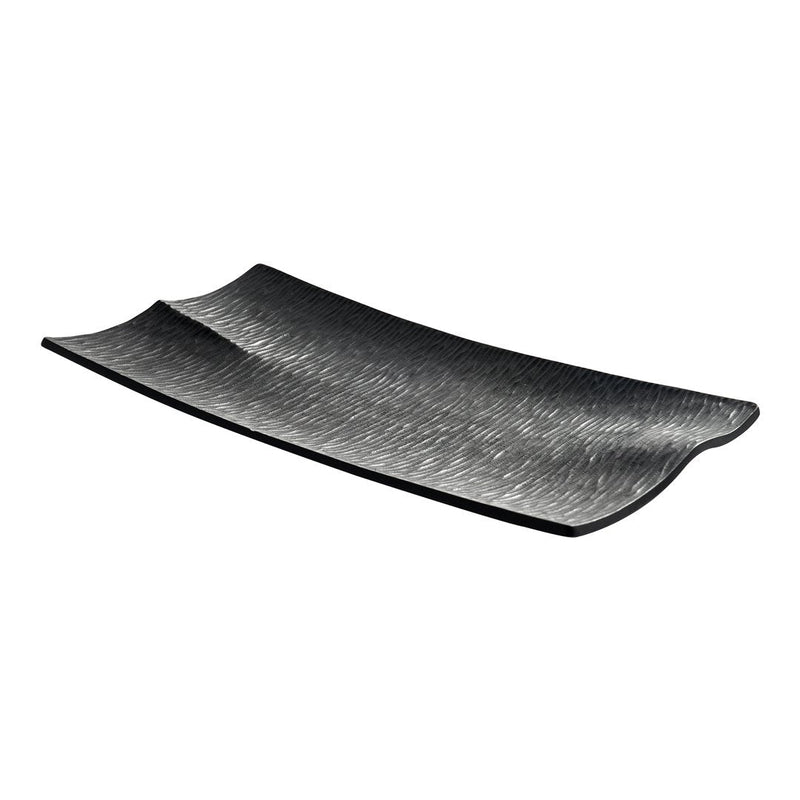 "Black textured serving platter with a sleek, modern design, featuring subtle wave patterns."