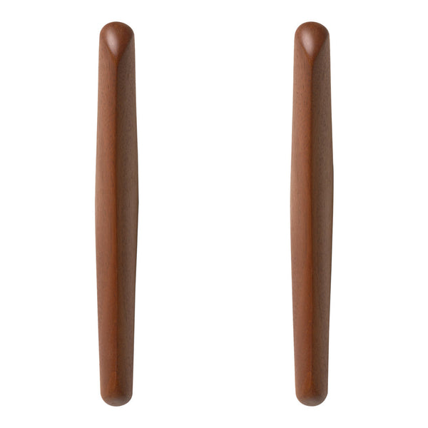 "Set of two elongated wood handles in rich brown, featuring a smooth, minimalist design."