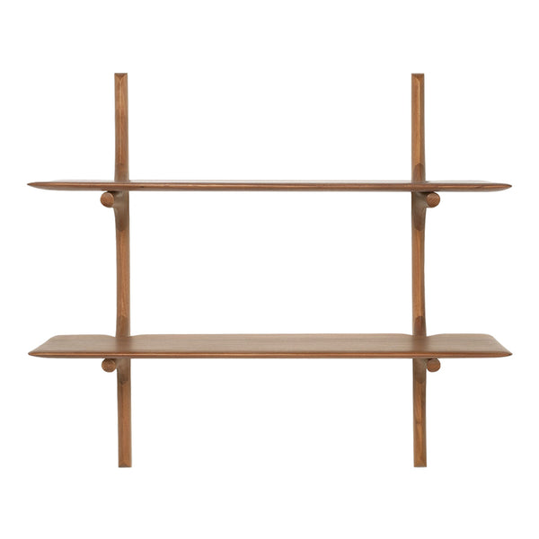 Natural wood shelf with a sleek design, featuring smooth surfaces and warm brown tones. Ideal for modern decor.