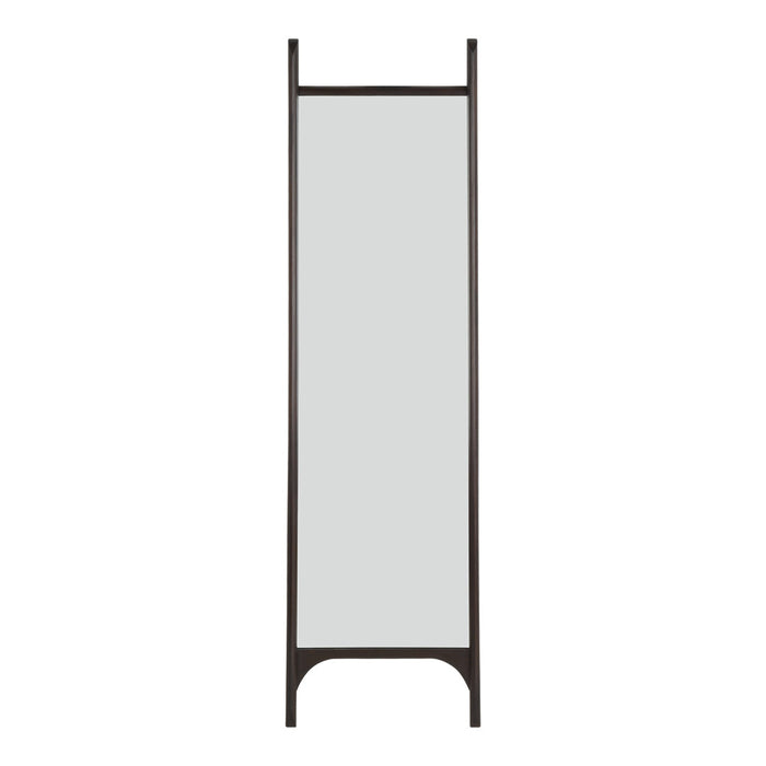 Tall, minimalist mirror with a dark brown wooden frame and smooth, reflective surface. Perfect for modern decor.