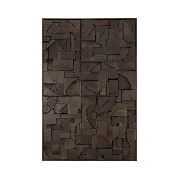 Dark wood wall art featuring geometric patterns in varying shapes and textures, perfect for modern decor.
