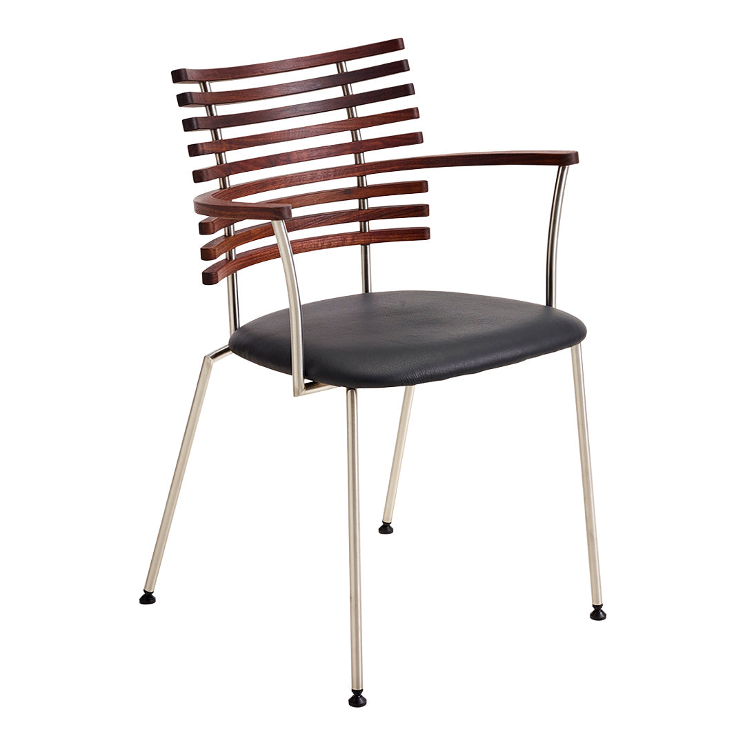 Modern chair with a sleek black seat and wooden slatted backrest, featuring silver metal legs. Elegant and contemporary design.