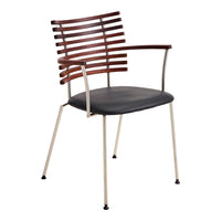 Modern chair with a sleek black seat and wooden slatted backrest, featuring silver metal legs. Elegant and contemporary design.