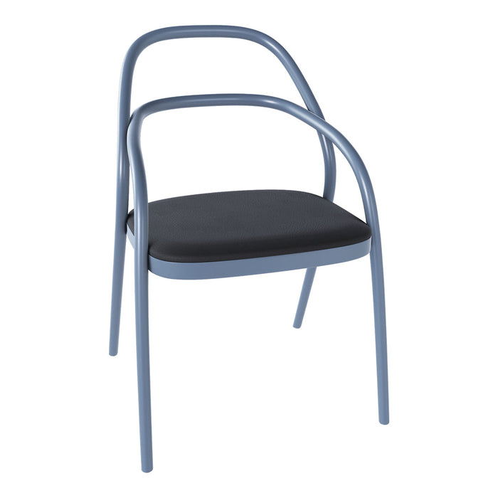 Light blue metal chair with a sleek black seat and smooth, minimalist design. Perfect for modern decor.